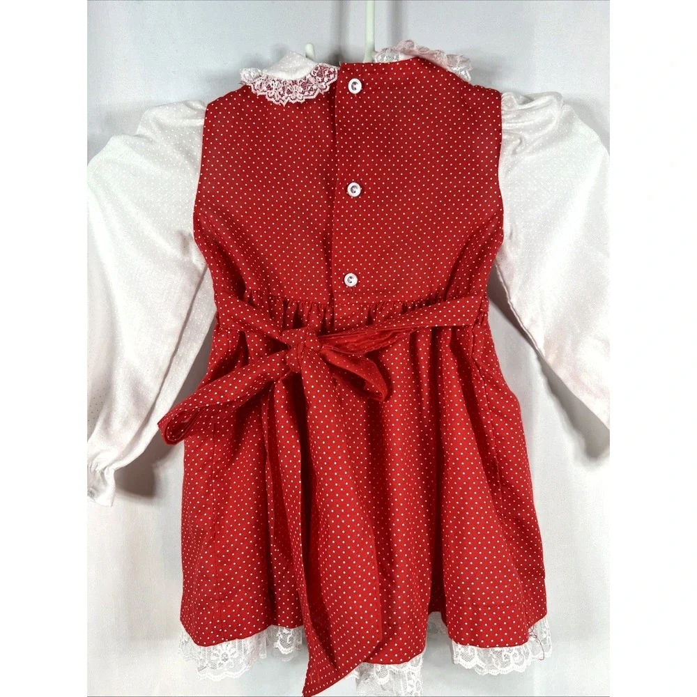Vintage Polly Flinders Girls Red & White Polka-Dot Lace Smocked Dress Size 3T